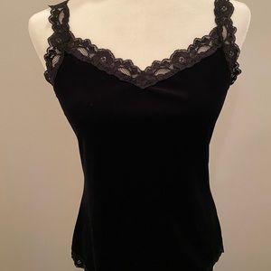 Stretch velvet cami with lace trim